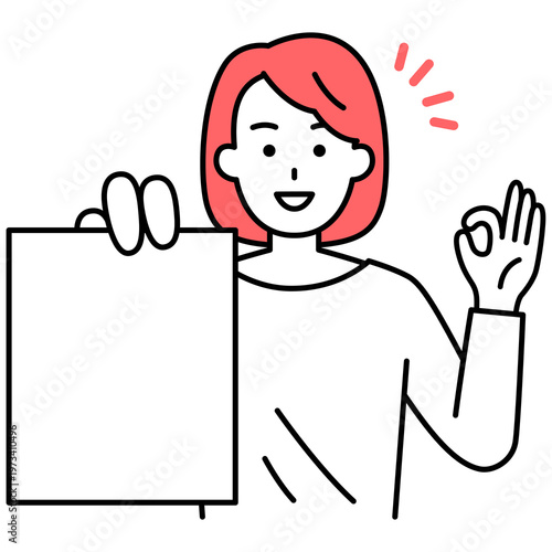 書類を見せてOKサインをする若い女性
