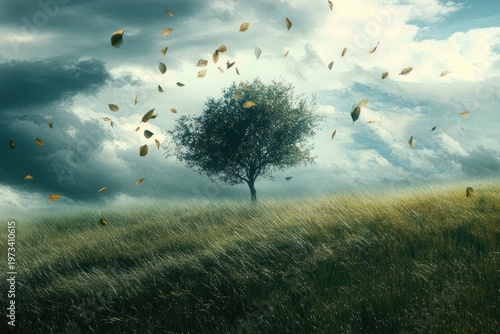 Solitary tree on a windswept grassy hill with golden leaves swirling under a dramatic cloudy sky, evoking calm solitude and melancholy