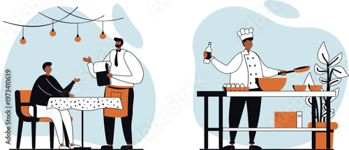 Contrast between a casual dining experience and a professional kitchen setting