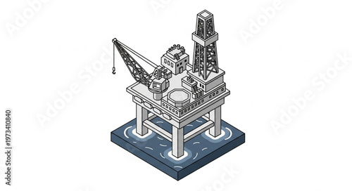 Isometric Offshore Oil Rig Platform Model Illustration.