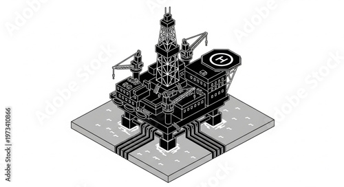 Isometric Offshore Oil Rig Platform Industrial Structure Illustration.