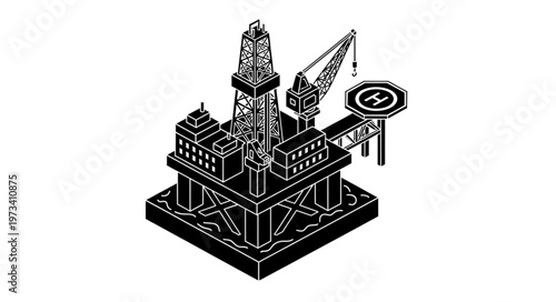 Isometric Offshore Oil Rig Platform With Helipad.