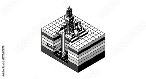 Isometric oil drilling platform with subsurface well structure.