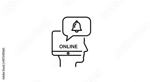 Online Notification Bell Icon in Human Head Silhouette, Digital Alert Concept