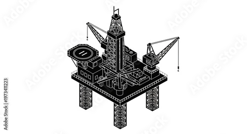 Isometric Offshore Oil Platform Drilling Rig Illustration.