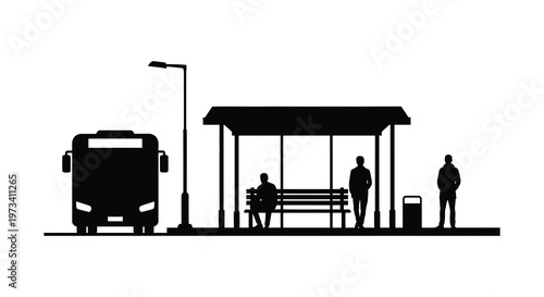 A minimalist scene depicts a bus stop with waiting passengers and an approaching bus presented as a striking silhouette high quality