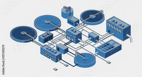 Isometric network infrastructure illustration of servers and nodes.