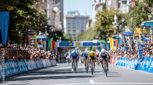 La Vuelta a Espana, Professional cycling peloton sprinting toward finish line with cheering crowd barriers during La Vuelta a España road race stage in city