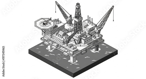 Isometric Offshore Oil Platform Rig With Derrick.