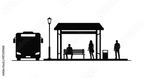 A black silhouette depicts a bus stop scene with waiting passengers and an approaching bus minimalist style silhouette high quality professional