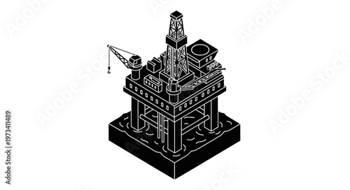 Isometric Offshore Oil Rig Platform Illustration Black White.