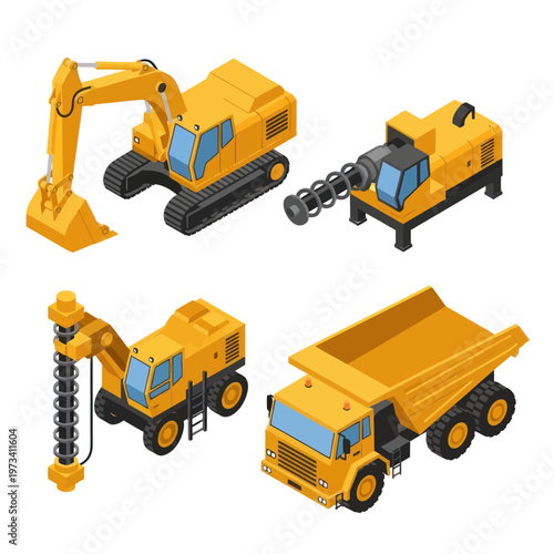 Isometric Construction Vehicles - Excavator, Drill, Truck, and Auger.