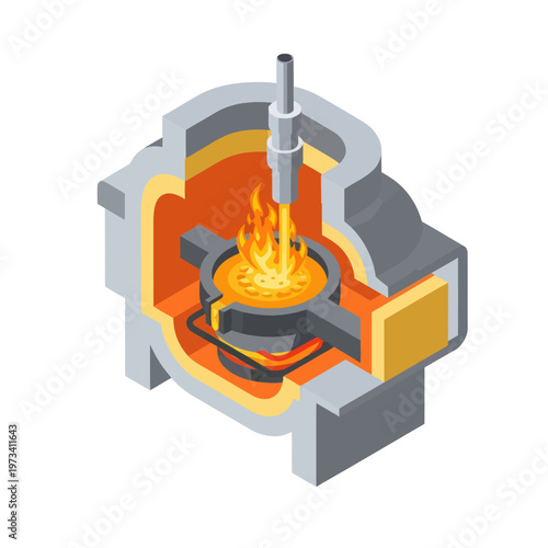 Isometric Illustration of a Steel Smelting Furnace with Molten Metal.
