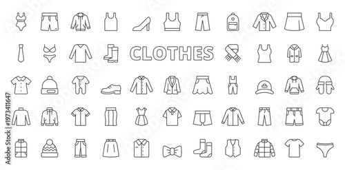 Clothes icons in line design. clothes, clothing, shirt, pants, dress, jacket, wardrobe on white background vector. Clothes editable stroke icons