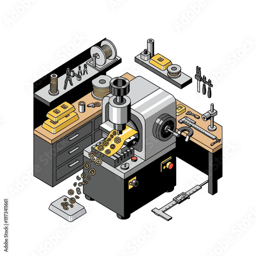 Isometric View of a Precision Milling Machine in a Workshop.