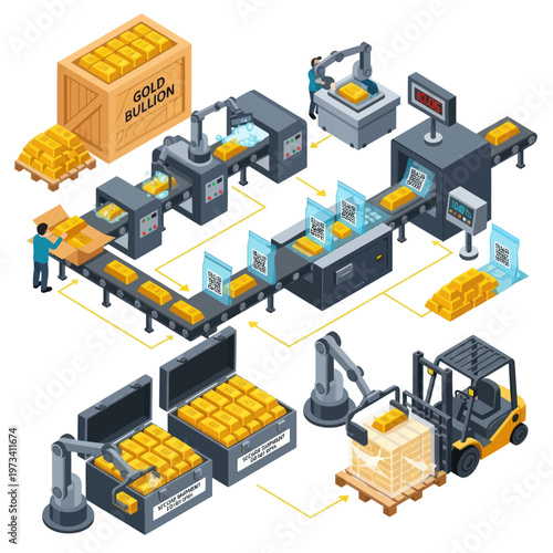 Isometric Gold Bullion Production Line - Automated Manufacturing and Packaging.