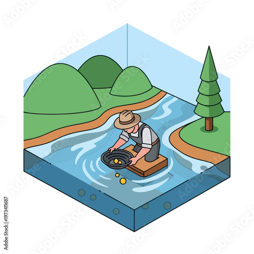 Isometric Illustration of a Gold Panner in a River.
