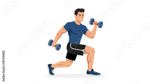Determined Male Athlete Lunging and Exercising with Dumbbells, Isolated White Background