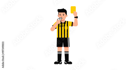 Strict soccer referee in uniform blowing a whistle and holding up a yellow card, indicating a warning or foul during a match, isolated white background.