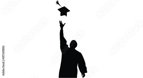 A graduate celebrates achievement by tossing their cap into the air captured in striking silhouette high quality professional detailed modern elegant