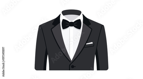 Elegant black tuxedo jacket with a bow tie and white pocket square, representing formal wear or a special event, isolated white background.
