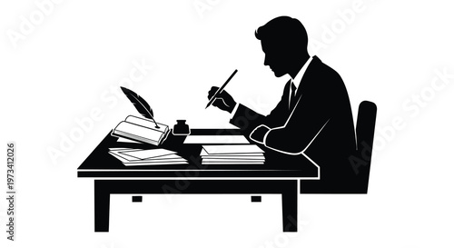 A sharply defined silhouette depicts a man seated at a desk writing with a pen and quill silhouette high quality professional