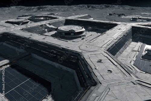 Space station on the moon with highlighted structures and solar panels during bright lunar day