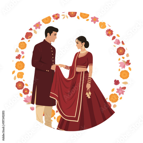 Indian Wedding Couple in Traditional Saree Sherwani Vector Illustration
