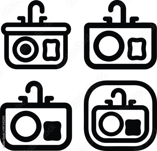 Black and white line of four toilet with lids up and down line toilet bathroom fixture