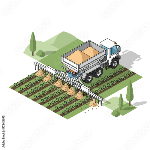 Agricultural Spreader Truck Fertilizing Crops in a Field.