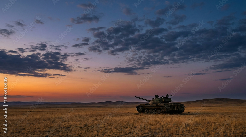 Fototapeta premium Tank in Field at Sunset Military Landscape 