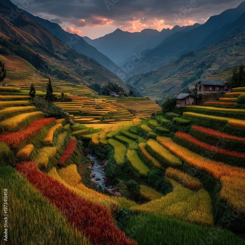 Vibrant Rice Terraces of Sapa Valley at Sunset, Vietnam.