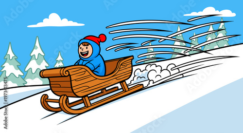 Child joyfully riding a wooden sleigh down a snow-covered hill with pine trees in the background, cartoon style, bright blue sky