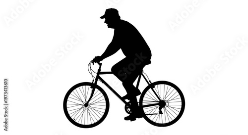 Silhouette of an elderly man riding a bicycle against a white background, showcasing active lifestyle and motion
