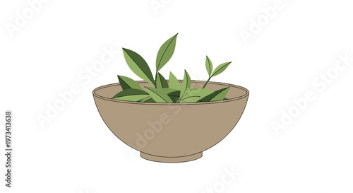 Illustration of fresh green tea leaves elegantly arranged in a simple ceramic bowl, set against a minimalist white background