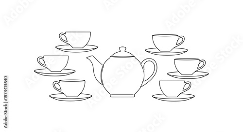 Elegant porcelain teacup set illustration featuring a classic teapot surrounded by six matching teacups and saucers in minimalist black outline on white background