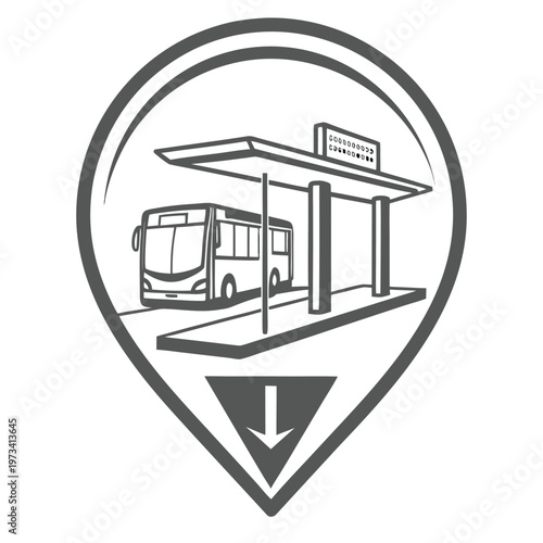 Simple line drawing of a bus stop with a bus and an arrow icon with an arrow poi