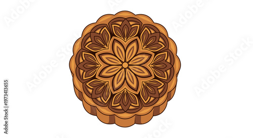 Intricately patterned mooncake with floral design on white background, showcasing detailed symmetrical art and rich brown tones