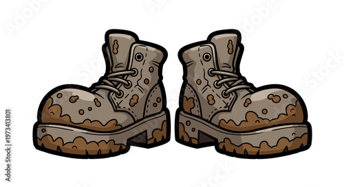Illustration of rugged work boots covered in dirt, featuring sturdy laces and thick soles, set against a clean white background, dirty