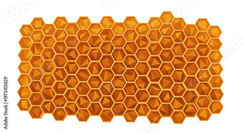 Close-up of beehive frame filled with golden honey in hexagonal cells, showcasing natural geometric patterns on a white background