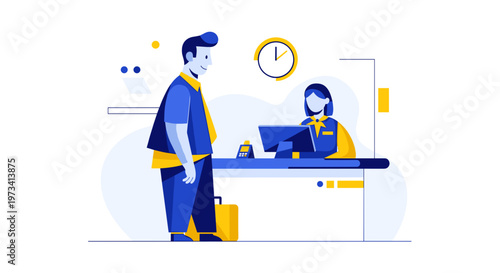 Illustration of a man checking in at a hotel reception desk, with a modern minimalist design in blue and yellow tones, featuring a friendly receptionist and a suitcase