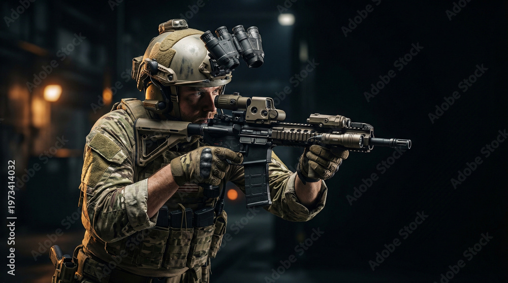 Fototapeta premium Tactical Soldier Aiming Rifle Indoor Operation 