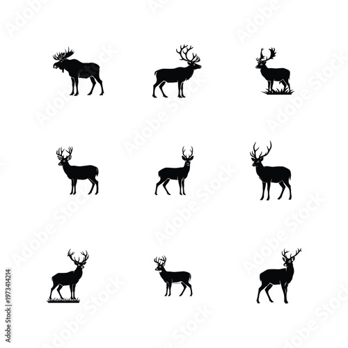 Set of 9 Deer Silhouette Vector Illustrations including Moose, Elk, and Stag
