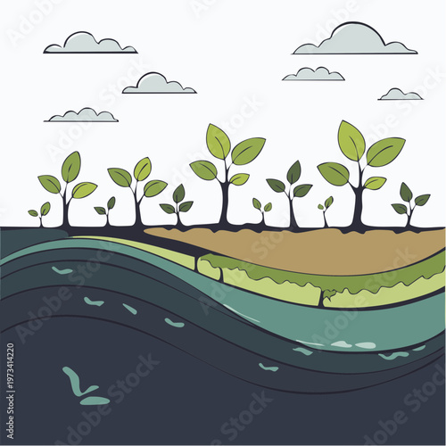 Row of green saplings growing on a fertile riverbank.