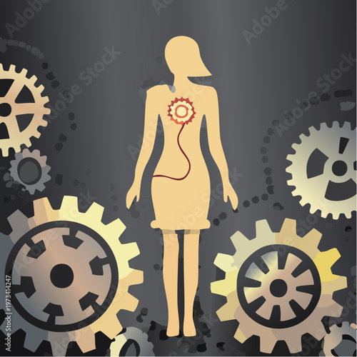 Womans silhouette with internal gears and connected to external gears.