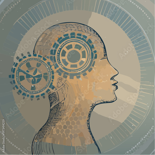 Human head with gears and clockwork representing thought and time.