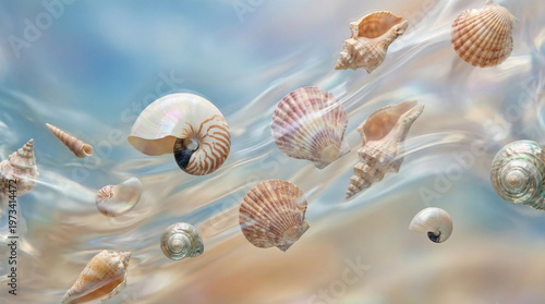 Seashells Floating in Water Abstract Ocean Background
