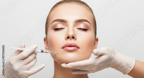 Professional female dermatologist performing facial botox injection procedure in clinic with soft lighting