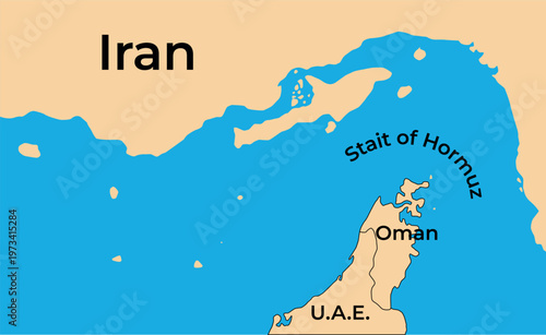 Vector map of the Strait of Hormuz showing Iran, Oman, UAE, Persian Gulf and Gulf of Oman.