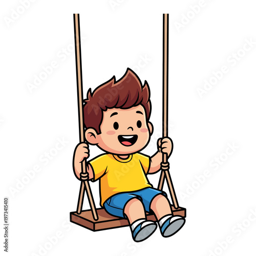 An animated depiction of a joyful young boy happily swinging on a wooden swing set in a cartoon style, illustrating childhood fun and outdoor play